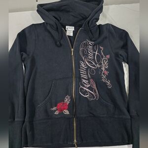 Disney Parks Womens Sweatshirt Large Black Red Mickey Mouse Rhinestone Zip Hood